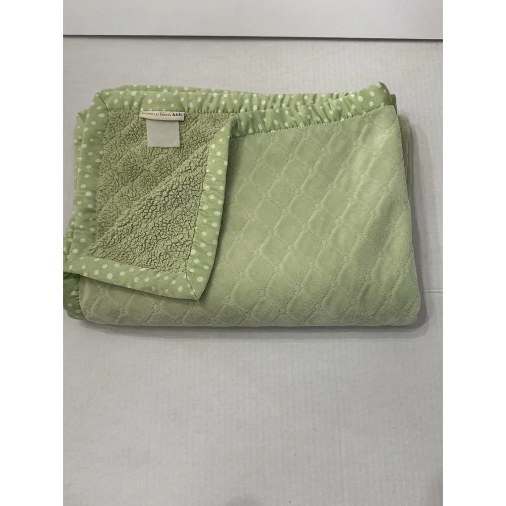 Pottery Barn Kids Sage Green Baby Blanket Embossed Diamonds Polka Dot Satin Trim
